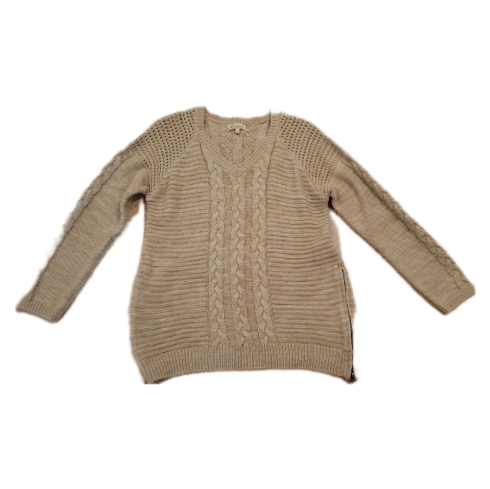 Democracy Women's light brown vneck cable knit sweater w/ side zip size Large